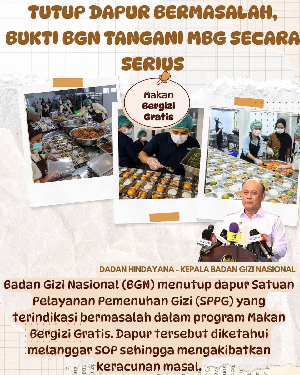 sangat setuju alangkah baiknya di tutup dulu jika bermasalah apalagi sampai melanggar s o p sehingga mengakibatkan keracunan masal dan membahayakan bagi para siswa  jadi keputusan tepat 
#BGNTutupDapurBermasalah
tirto.id/bgn-tutup-dapu…