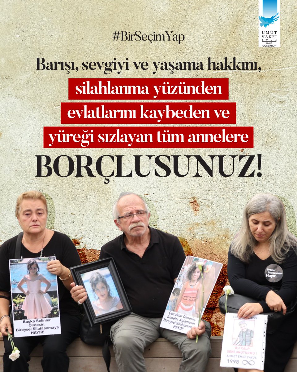 Barışı, sevgiyi ve yaşama hakkını; evlatlarını silahlara kurban veren annelere, babalara borçluyuz! Silahlanma durdurulmadan her gün, kaybedilen canların sayısı artacak. Barış, bir kelime değil, hepimizin ortak sorumluluğu. #BirSeçimYap #28Eylül #BireyselSilahsızlanmaGünü
