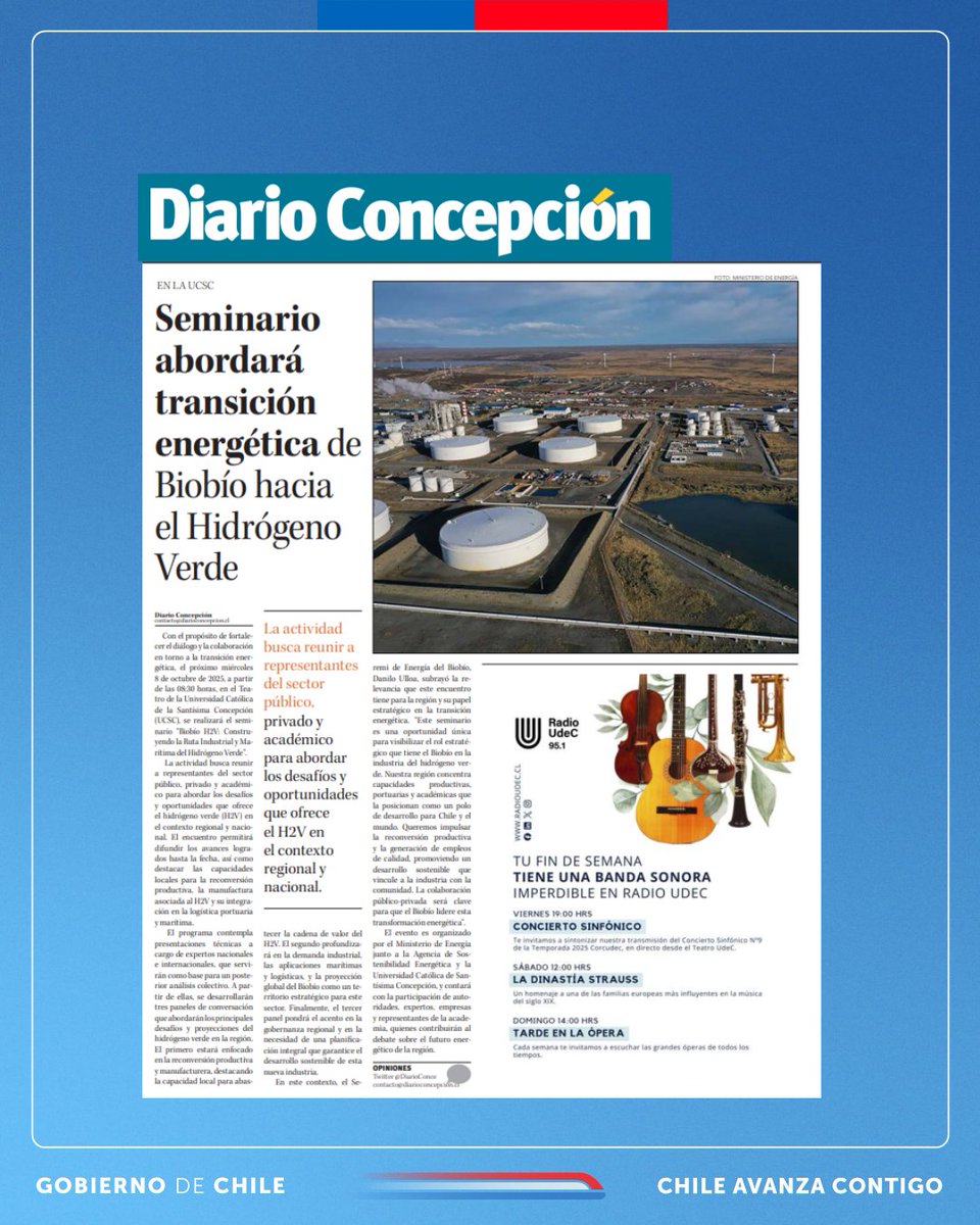 ¡Impulsamos diálogo y colaboración en la transición energética! ⚡️

🗞️#DiarioConcepción destaca próximo seminario “Biobío H2V: Construyendo la Ruta Industrial y Marítima del Hidrógeno Verde” organizado por  <a href="/MinEnergia/">Ministerio de Energía</a> <a href="/Agencia__SE/">AgenciaSE</a>  y <a href="/ucscconcepcion/">UCSC Concepción</a> 🔋

#EnergíaEnLosMedios📡