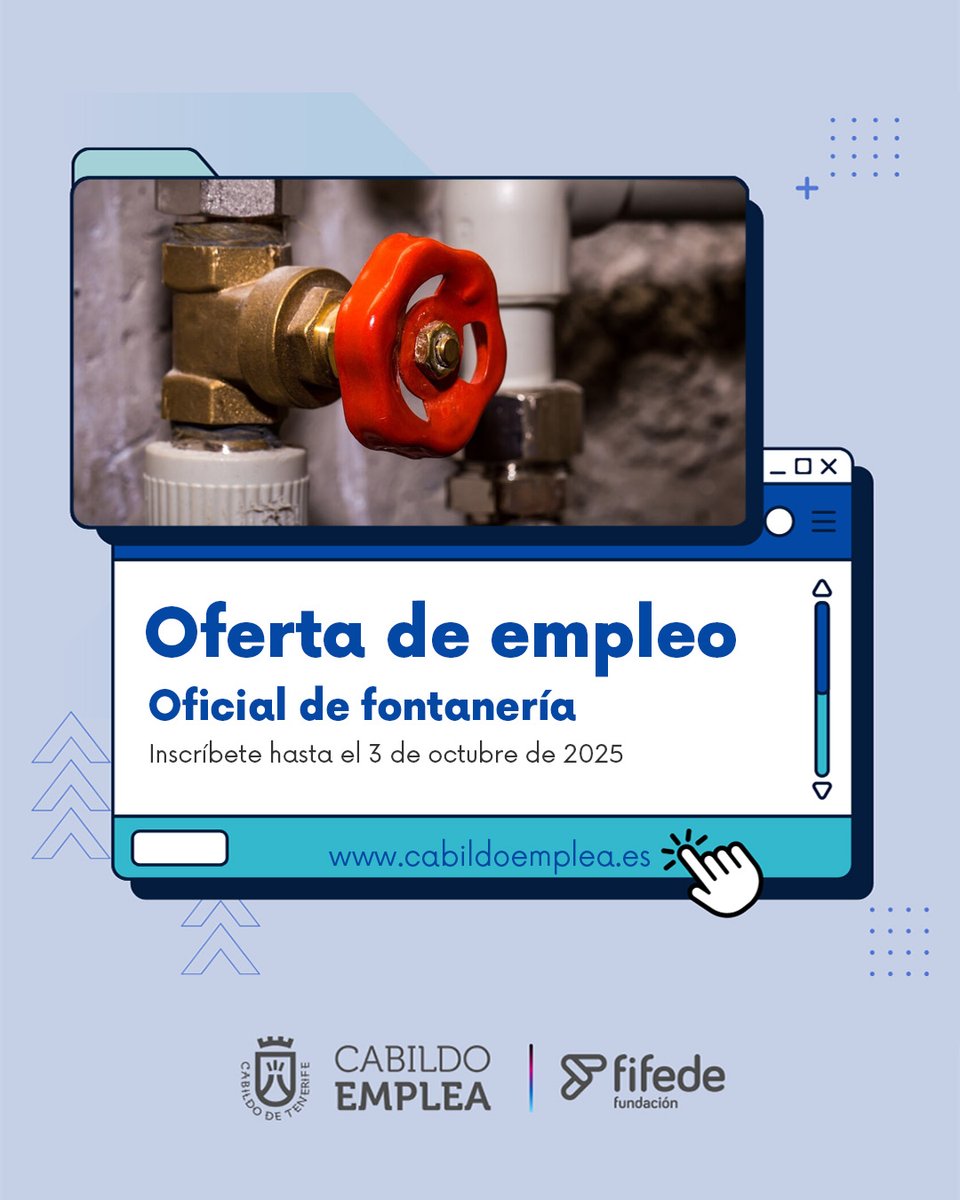 [ TENERIFE ] #RST #EMPLEO | Por cortesía de Cabildo Emplea:
#EMPLEO  En Grupo DISA buscan una persona para cubrir un puesto de Oficial de fontanería.
Más información en este enlace. shorturl.at/Kb0MU
#CabildoEmplea | #EmpleoTenerife | Cabildo de Tenerife