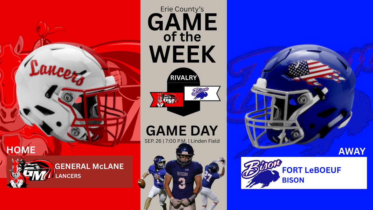 ITS GAMEDAY!!!! It’s a BIG ONE! Your Fort LeBoeuf Bison vs. General McLane! 💪🔵🔴
We need everyone to pack the stands and get loud for this old ECL rivalry tonight. The game is at General McLane High school and starts at 7pm!
LETS GO BISON!! 💪🦬