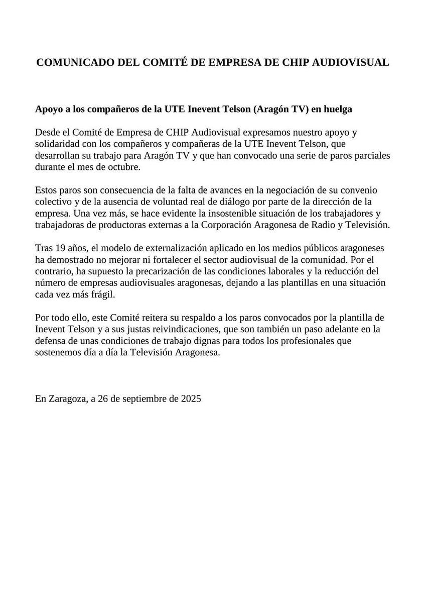 comiteCHIP's tweet image. Apoyo total a los compañeros de Inevent Telson en huelga.

 Todo el apoyo a la plantilla de Inevent Telson en Aragón TV.
Solidaridad con los trabajadores de Inevent Telson.
@nazionobrera @CCOOAragon @OSTAsindicato @GobAragon @pparagon @aragonpsoe @IUAragon @PodemosAragon @chunta