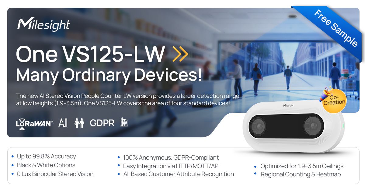 MilesightIoT's tweet image. One VS125-LW covers 4× the area of typical devices—delivering wider detection even at 1.9–3.5m heights. Smarter efficiency, sleek design, and rich AI insights for every entrance. Join us: milesight.com/iot/product/lo…