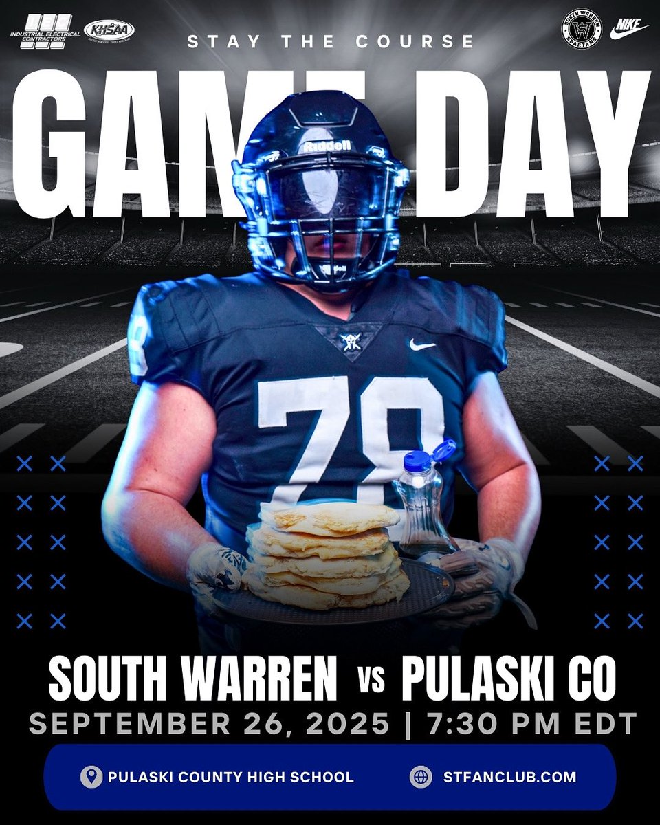 ⚔️ GAME DAY ⚔️

South Warren vs. Pulaski County

Friday, Sept. 26
7:30 p.m. EDT

Pulaski County HS
511 University Dr. 
Somerset, KY 42503

Tickets - $6 cash/credit

Livestream - stfanclub.com

Sponsor - Industrial Electrical Contractors, Inc. 

⚔️ STAY THE COURSE ⚔️