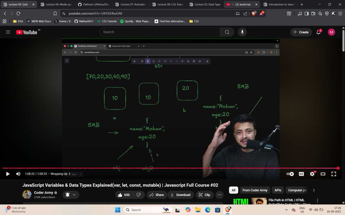 codewithmalhar's tweet image. Day 17 completed of Web Development Journey.
Today I learned about Variables, Primitive and non-primitive Datatypes and how changing values of this happens behind the scene.
Thank you @rohit_negi9 and @adityatandon02 for providing this course.
#LearnInPublic #coderarmy