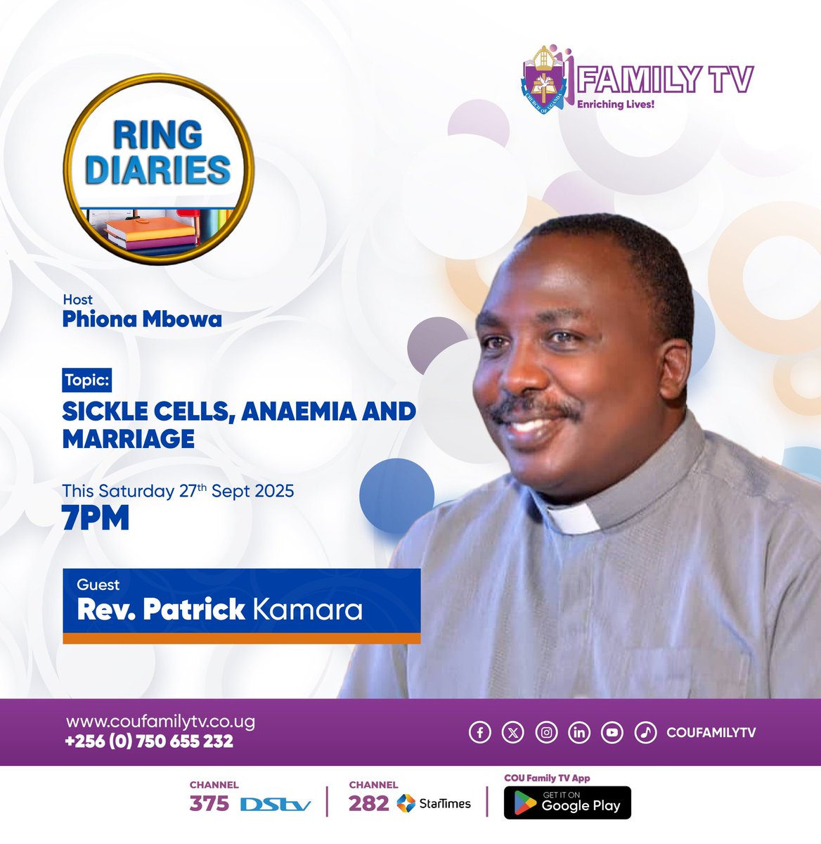 coufamilytv's tweet photo. Tomorrow (Saturday 27th Sept) at 7PM on #RingDiaries, @phionambowa hosts Rev. Patrick Kamara and Deaconess Hannah Akulo for an insightful discussion on Sickle Cells, Anaemia, and Marriage.
Donโt miss this important conversation!
#EnrichingLives #marriage #health https://t.co/5OcIMNb5QX