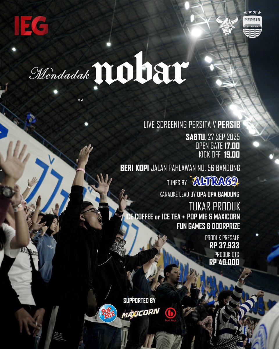 Mendadak Nobar!

Live Screening Persita vs 𝗣𝗘𝗥𝗦𝗜𝗕
🗓️ Sabtu, 27 Sep 2025
📍<a href="/berikopi/">dark.</a>.cikutra Jalan Pahlawan No. 56 Bandung
🕔 Open Gate 17.00

Tunes by @altra69_

Pemesanan presales bisa melalui tautan ini sites.explorefomo.id/NobarPersibVsP…