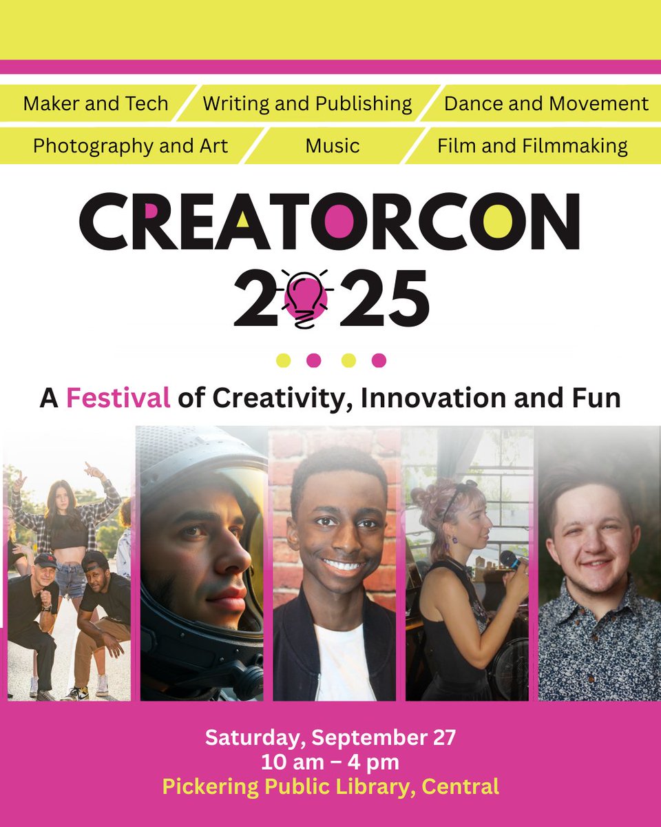 Join us tomorrow (Sept. 27) at Central Library for CreatorCon — an event you don't want to miss!
⭐ Meet and learn from creatives
⭐ Try new creative skills
⭐ Watch live performances and demos 
⭐ Fun for all ages! 

🔗  pickeringlibrary.ca/creatorcon

#DurhamRegion #Pickering #Events