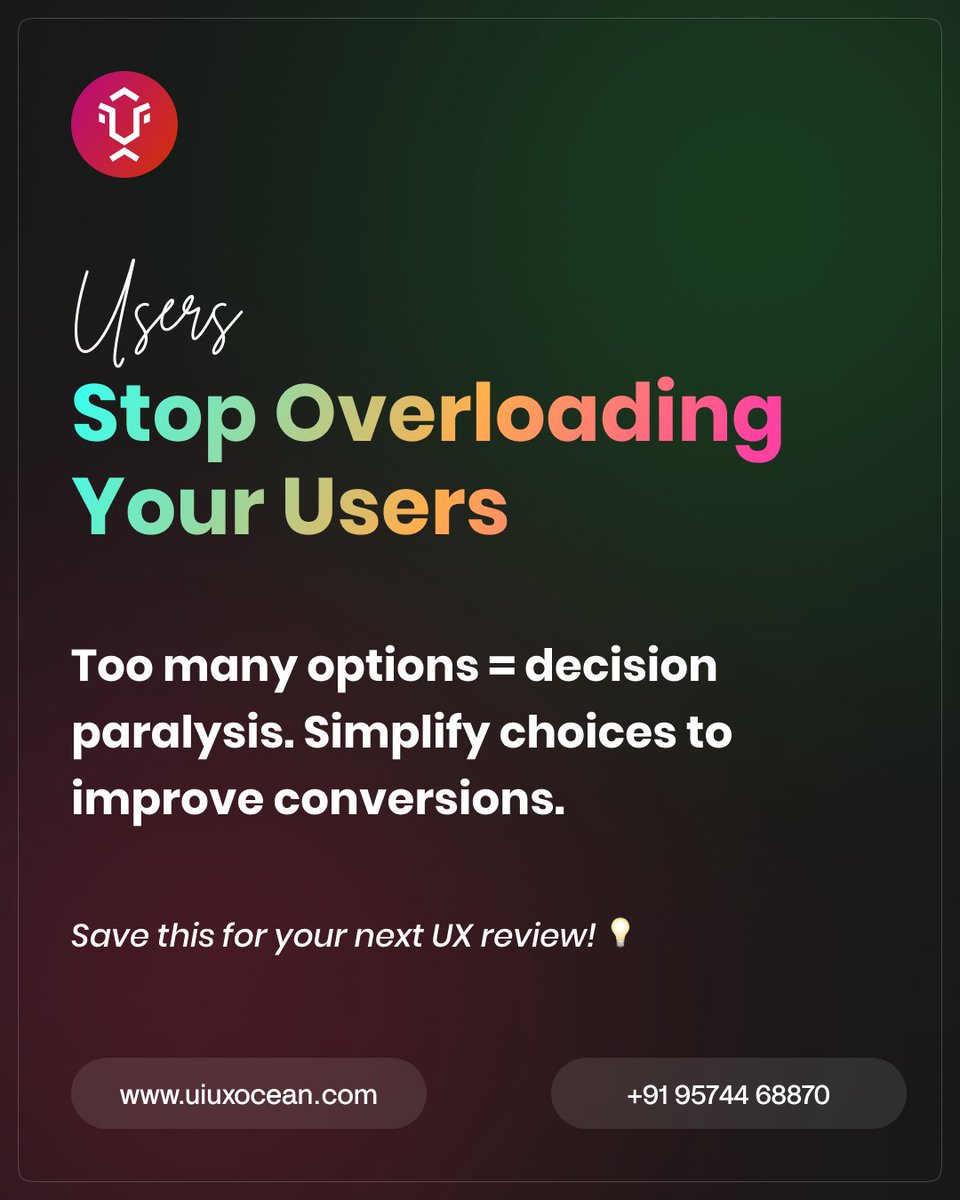 rajesh_uiux's tweet image. Stop Overloading Your Users.
Too many options = decision paralysis. Simplify choices to improve conversions.
Save this for your next UX review! 💡
