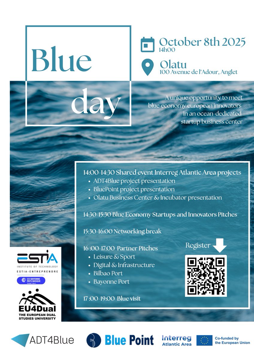 🌊✨ Join us in #Anglet, Atlantic Pyrenees (France) at the BLUE DAY - Innovation for the Blue Economy
📅 8 October, 14:00
Register here: forms.office.com/pages/response…