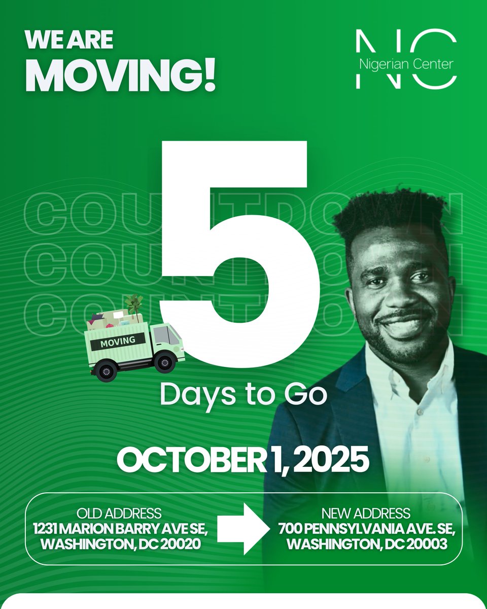 🚨 5 Days Until the Big Move!
Visited our Anacostia office or excited to see the new home in Eastern Market? Drop your memories &amp; hopes in the comments!

#NigerianCenter #ImmigrantVoices #CommunityMatters #CapitolHillDC #Anacostia #BlackImmigrants #EasternMarket #PublicAffairs