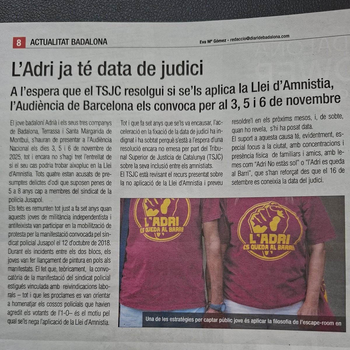 📰Un veí de Badalona, l'<a href="/adrinoestassol/">#AdriNoEstasSol</a>, l'exemple més clar de l'oposició militant judicial a aplicar la llei d'amnistia.

En parla avui el <a href="/DiarideBadalona/">Diari de Badalona</a> ⤵️