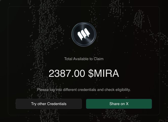 Breaking Breaking 

Mira Airdrop Claim is Live! 🪂

First, register your allocation. After that, you can claim your airdrop.

✅ Register &amp; Claim: foundation.mira.network/checker

For Klok users, eligibility required at least 5,000 points.

Also, having more points did not mean bigger