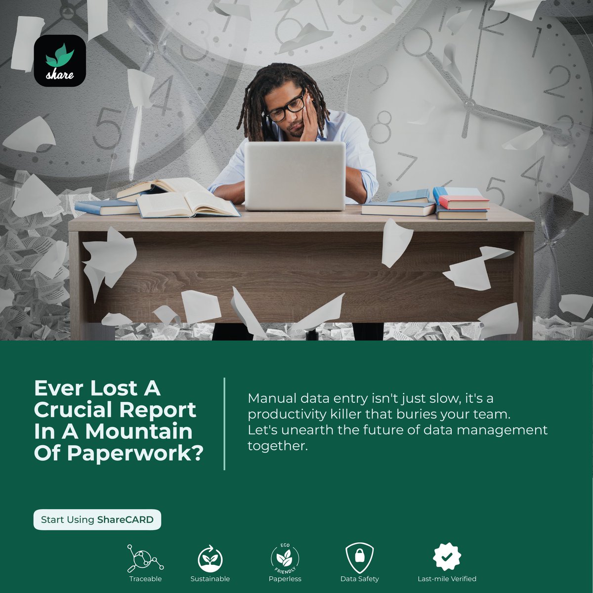 sharecard_app's tweet image. Ever lost a crucial report in a mountain of paperwork?
Manual data entry isn't just slow, it's a productivity killer that buries your team. Let's unearth the future of data management together.
#FarmingChallenges #ManualDataEntry #NonProfitTech #Efficiency