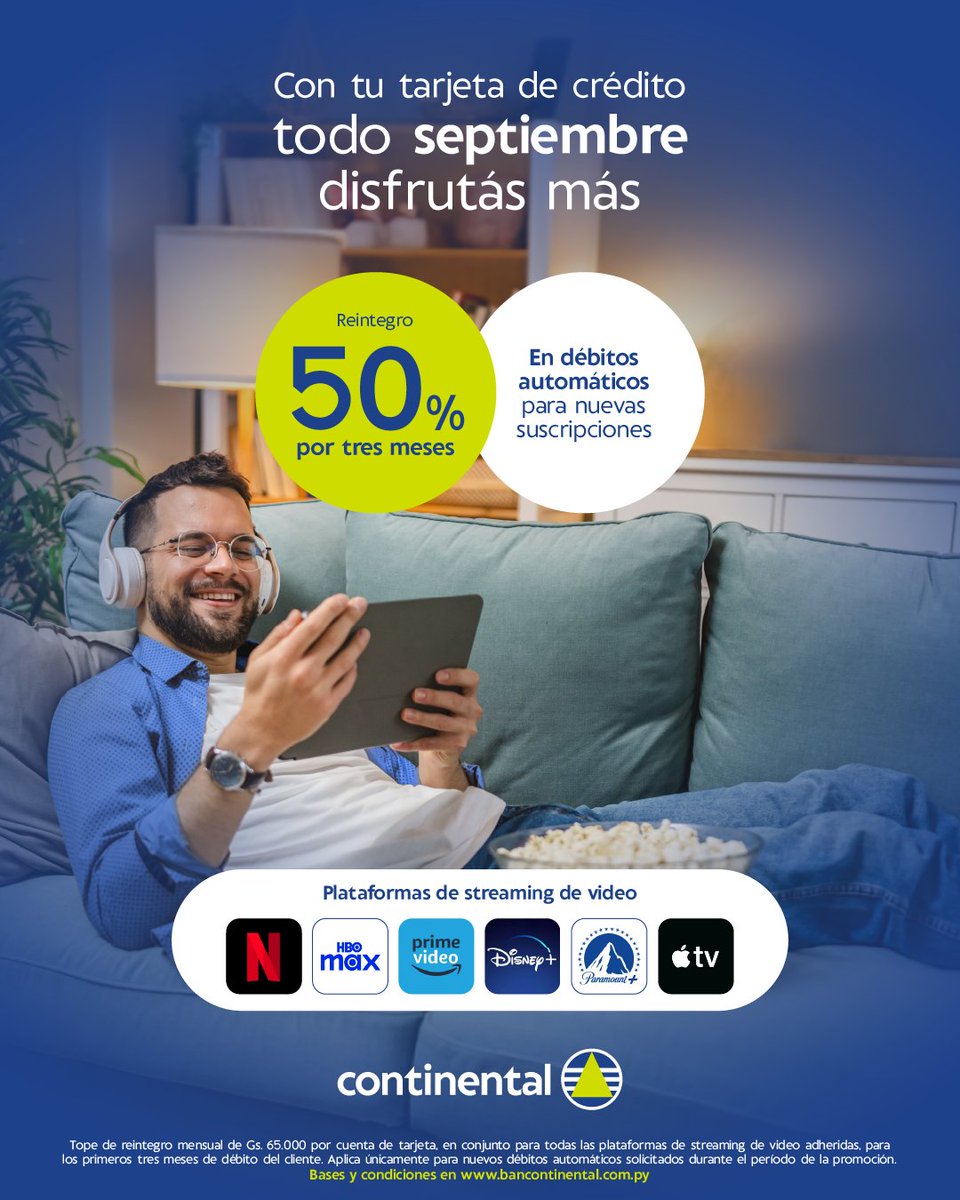 ¡Tus series y pelis favoritas, ahora con 50% de reintegro!

Registrá tu tarjeta de crédito Continental en el débito automático de plataformas de streaming adheridas y aprovechá el beneficio durante los primeros 3 meses 💳

🔗 Bases y condiciones en bancontinental.com.py