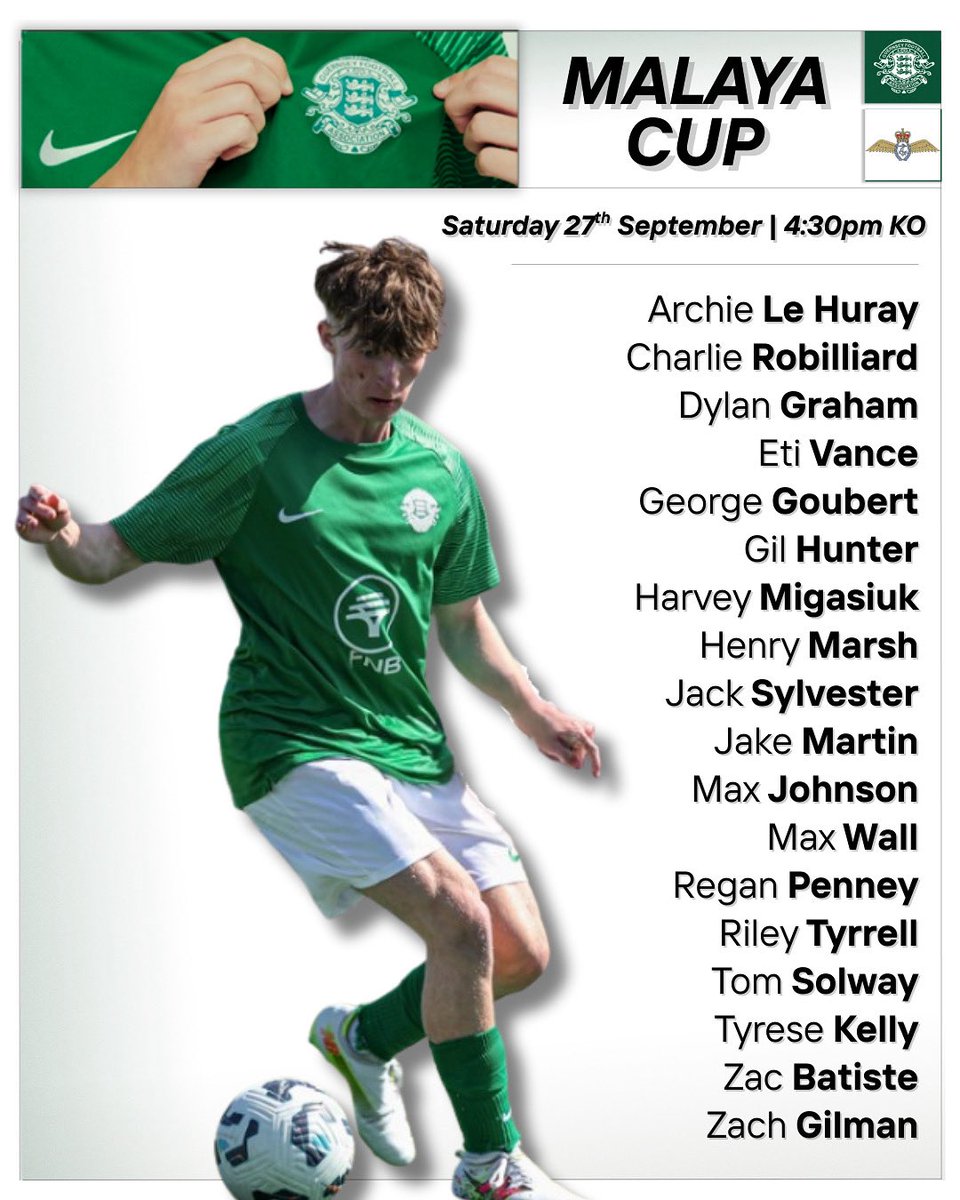We’re delighted to announce the updated Guernsey squad for this year’s Malaya Cup at Victoria Park.

Come and support the team this Saturday at 4:30pm!

Get your tickets here: victoriaparkgsy.byretail.net/menu/GFA-Ticke…