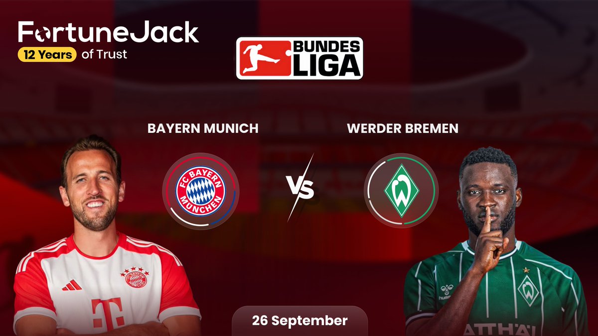 fortunejackcom's tweet photo. ⚽️ Win 2 x $15 FreeBet! ⚽️
Bayern Munich 🆚 Werder Bremen — who takes it? ⚽️

👉 Drop your score prediction in the comments &amp; tag a friend
✅ Follow @fortunejackcom

🔄 Retweet to boost your chances
⏰ Predictions close at kickoff: 6:30 PM UTC, September 26 https://t.co/2uYnlNx0DR