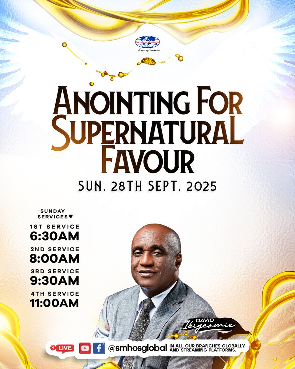 Your appointment with divine upliftment is booked! 
This Sunday, September 28th, 2025, come and receive your anointing for supernatural favour! Expect a definite change in status.

📍 Join us live in all branches globally and stream the service 

 #SMHOS #smhosglobal.