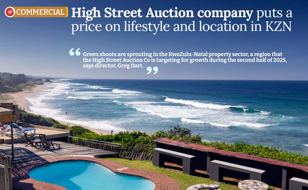 REIM_SA's tweet image. Lifestyle meets location in KZN 🌴🏢 The High Street Auction Co. sees green shoots in the province’s property sector and is gearing up for growth in 2025. 

Read more in our latest feature with director Greg Dart. 
👉 joom.ag/Ak2d/p32

 #PropertyInvestment #KZN #Auctions