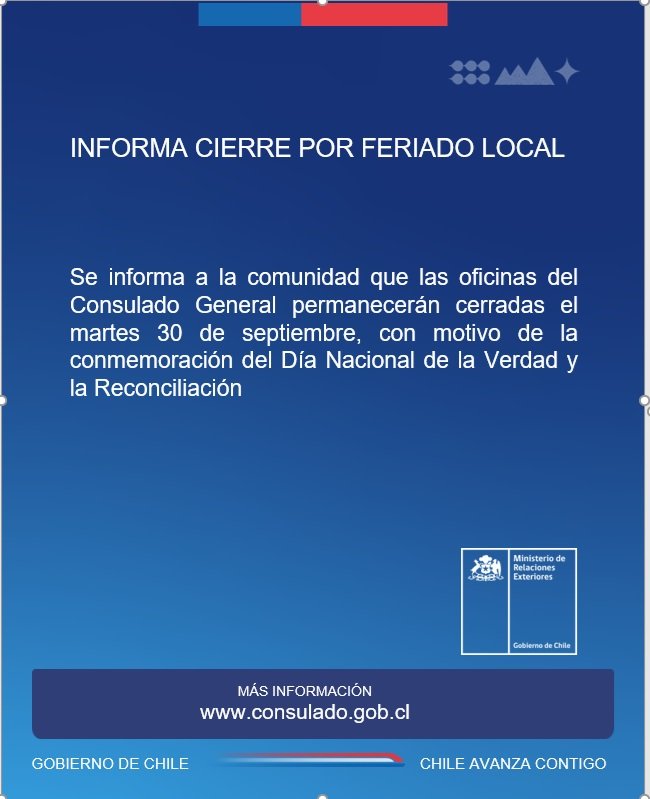 cgchiletoronto's tweet photo. Atención a nuestra comunidad. El Consulado cerrará sus oficinas el martes 30 de septiembre con ocasión de la conmemoración del Día Nacional por la Verdad y la Reconciliación https://t.co/brHZK8HP9v