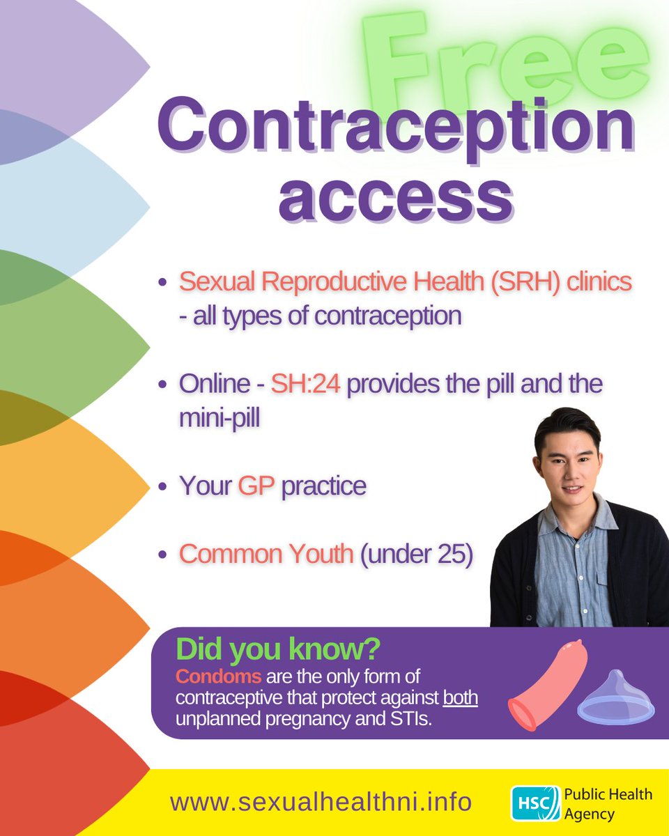On #WorldContraceptionDay2025NI make sure you know where you can get access to contraception.

Across Northern Ireland, there are free forms of contraception to help protect you against unplanned pregnancy and Sexually Transmitted Infections.

sexualhealthni.info
