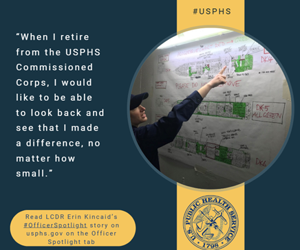 usphscc's tweet image. On #WorldEnvironmentalHealthDay, we spotlight LCDR Erin Kincaid, a #USPHS environmental health officer: “As Public Health Service officers, we make a lot of sacrifices. Being a small service, we make a huge impact in public health, and that is incredibly rewarding.”