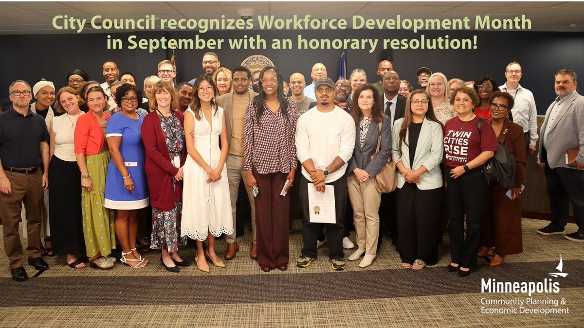 City Council recognized September as #WorkforceDevelopmentMonth with an honorary resolution. City staff works with the Workforce Development Board &amp; industry partners throughout the year to build pathways to success for our community. Read the resolution: lims.minneapolismn.gov/Download/FileV…