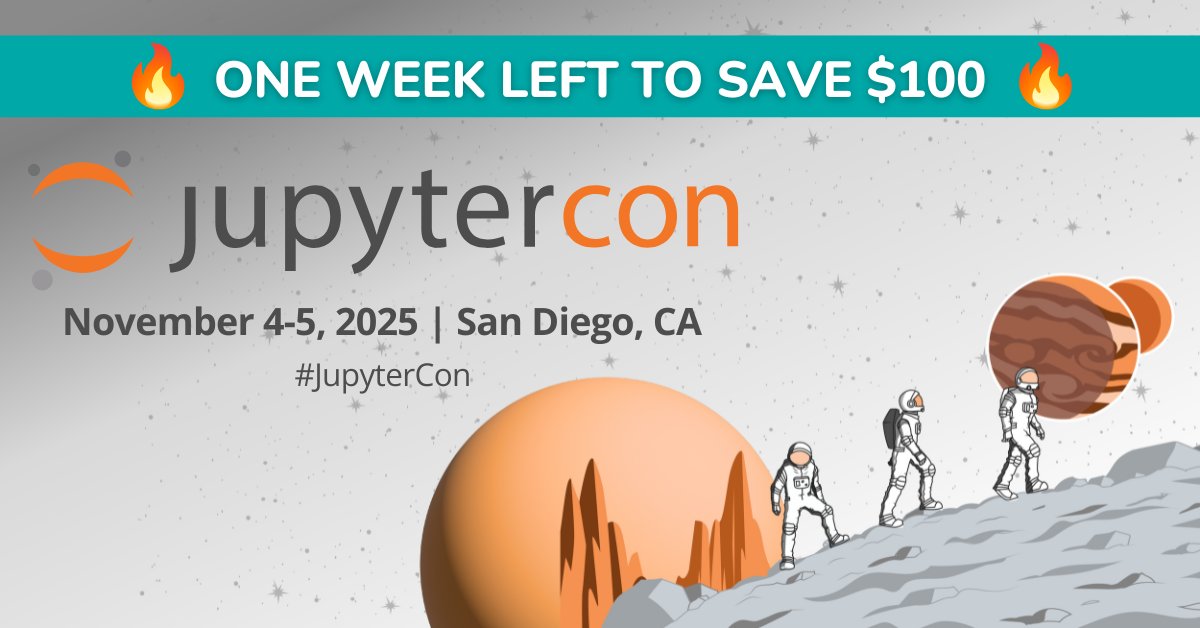 linuxfoundation's tweet photo. ⏰ One week left to register for #JupyterCon 2025! Standard registration ends October 3. Join the Jupyter community in San Diego Nov 4-5 for keynotes, tutorials &amp; networking. Don't wait - secure your spot: https://t.co/1QMaIFbkAc https://t.co/rtR78TyWyg