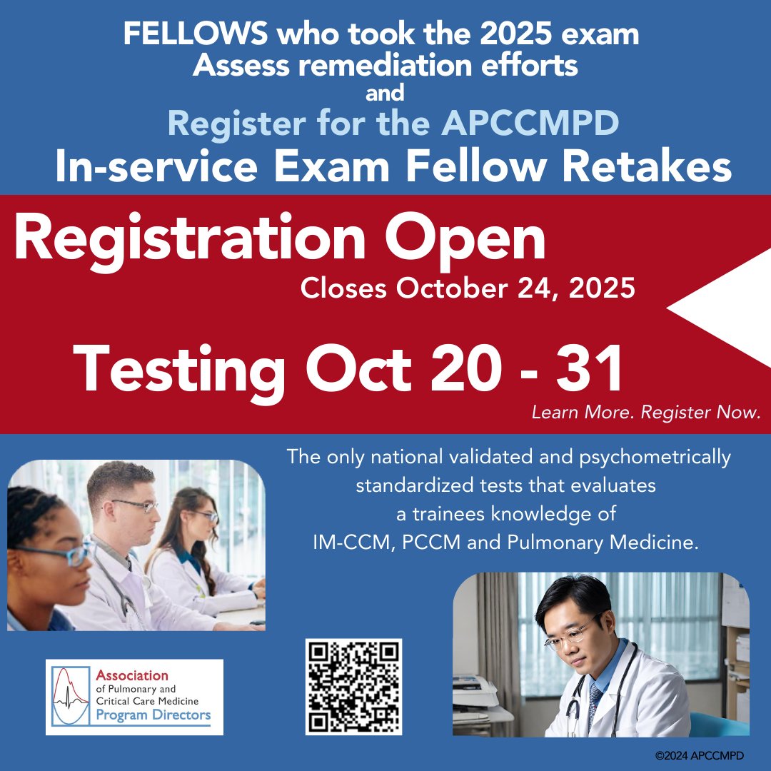 APCCMPD's tweet image. 📣OPEN! 🔁 RETAKES Registration for In-Service Exam!
    🗓️ Registration: Now - October 24
    🗓️ Testing Window:  October 20 -31
Register your Fellows &amp;amp; measure progress after remediation. 📊
👉  apccmpd.memberclicks.net/available-exams
#PCCM #meded #pulmCCM #PCCMedEd