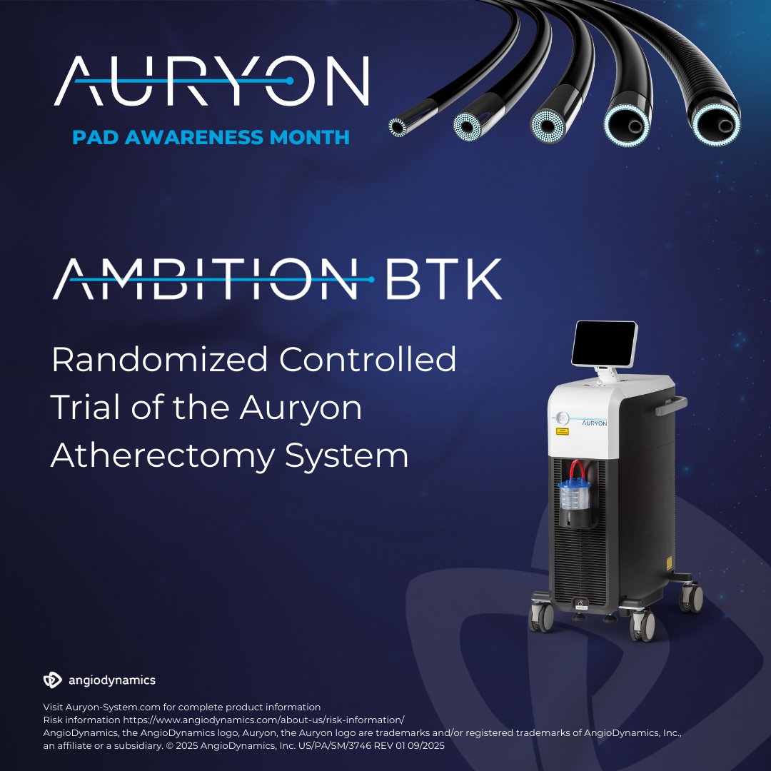 AngioDynamicsCV's tweet image. In honor of PAD Awareness Month, AngioDynamics is proud to announce successful continued enrollment of the AMBITION BTK randomized controlled trial. ▶️ bit.ly/464ZJTE 

Risk information ▶️ bit.ly/3UFe4Rf 
The AMBITION BTK study is sponsored by AngioDynamics.