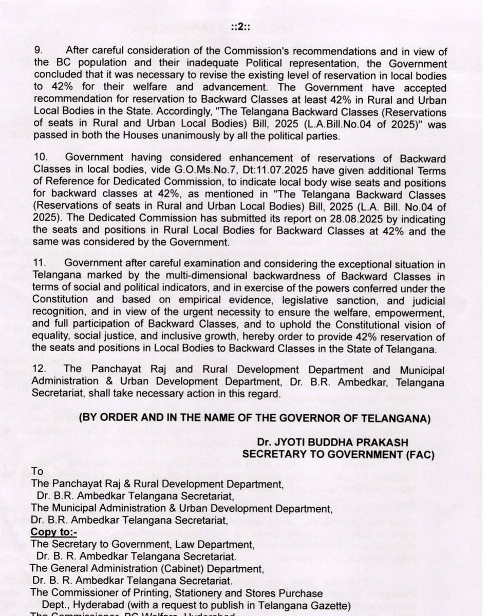 LVReddy73's tweet photo. #Telangana Chief Minister A Revanth Reddy fulfilled his promise of providing 42% reservations to Backward Classes #BCs in local bodies by releasing GO (Government Order) today. More number of BCs in Telangana will now become #sarpanches, #MPTCs, #ZPTC, #MPPs, zilla parishad chairperson. During #BRS regime, BCs got just 23% reservations in local bodies in 2019 elections. Now, the #Congress govt has almost doubled BC reservations.