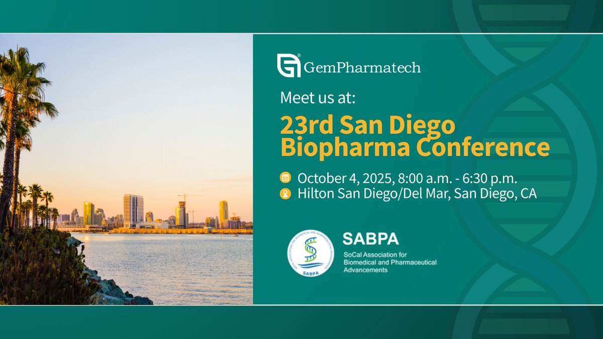Attending @SABPA’s 23rd San Diego Biopharma Conference? Join #GemPharmatech on October 4 for a day of exploring the latest breakthroughs, innovations, and collaboration opportunities shaping the future of #biopharma! 
Let's drive innovation together in San Diego! 
#SDBioPharma
