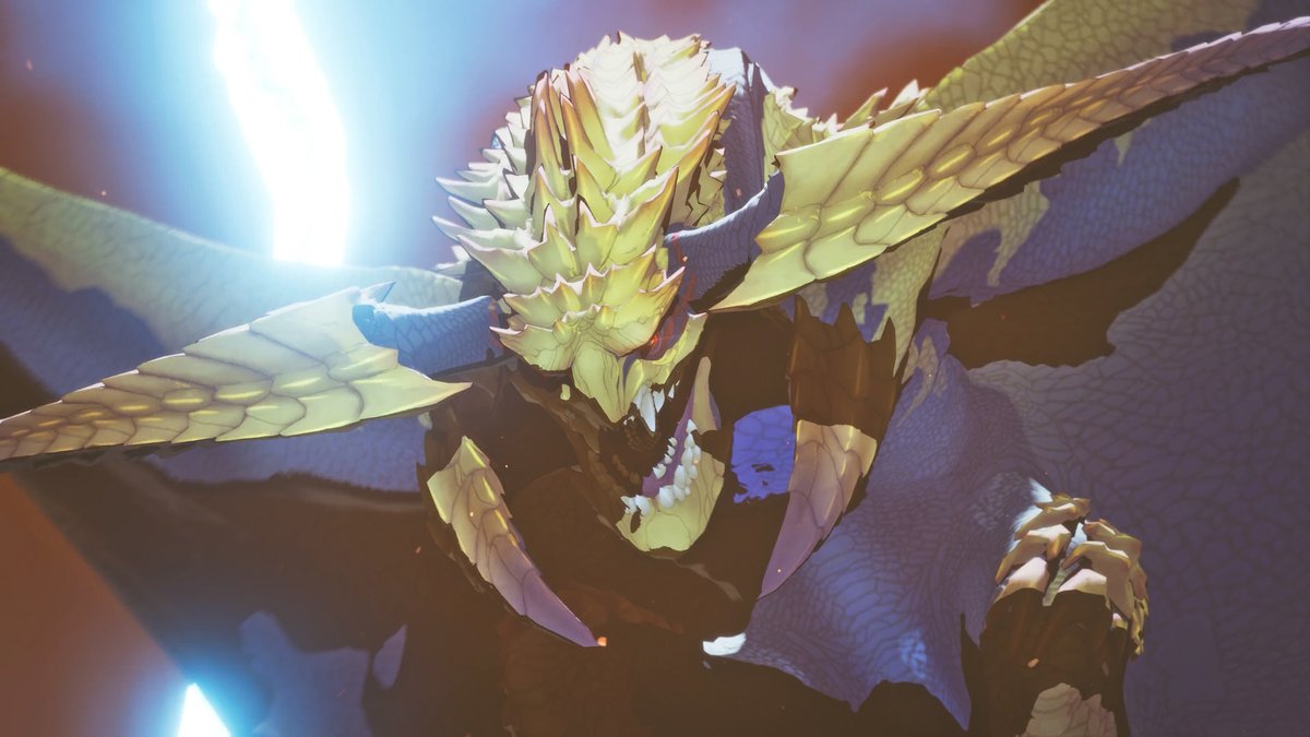 monsterhunter's tweet image. From #MHWilds, Rey Dau thunders into #MHStories3! The luminous gold Flying Wyvern can be found in sandy regions. It conducts electricity into it's body and discharges it through two powerful horns on its head.