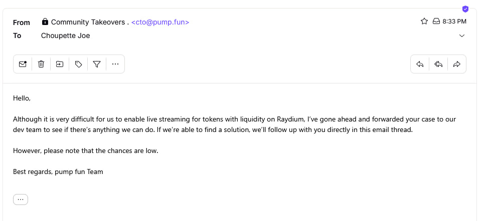 ChoupetteJoe's tweet photo. So, an update on this. @pumpdotfun answered our request for control over the pumpfun page of OIIAOIIA with a "No", because CTO control over a page is only possible for tokens with liquidity on pumpswap.

OIIAOIIA, like all OG tokens on pumpfun (fartcoin included), uses a Raydium LP.

Anyhow, we had applied for control over the pumpfun page of OIIAOIIA, after the @pumpdotfun team suggested us to do so, explicitly only so that we could enable a stream on it - we never expected to get any fees for it.

We had a bit of back and forth with @pumpdotfun and you can see here the replies from them.

But overall, do not worry: this is not something critical for OIIAOIIA, it would be just an added bonus. 

OIIAOIIA has one of the strongest community among cat coins. Enthusiastic, kind people that have not given up for nearly 1 year now, no matter what. 

OIIAOIIA is based on a universal meme that has everything it takes to explode outside of the "trenches". Cat + brainrot + universal meme in one package. The only cat meme loved only by cats.

What OIIAOIIA has lacked, so far, is luck, which includes support from KOLs  and well known whale wallets, sadly crucial in this market. 

But the community has not given up, and as a long term Doge holder I believe this is how winning is done.

I believe in OIIAOIIA.