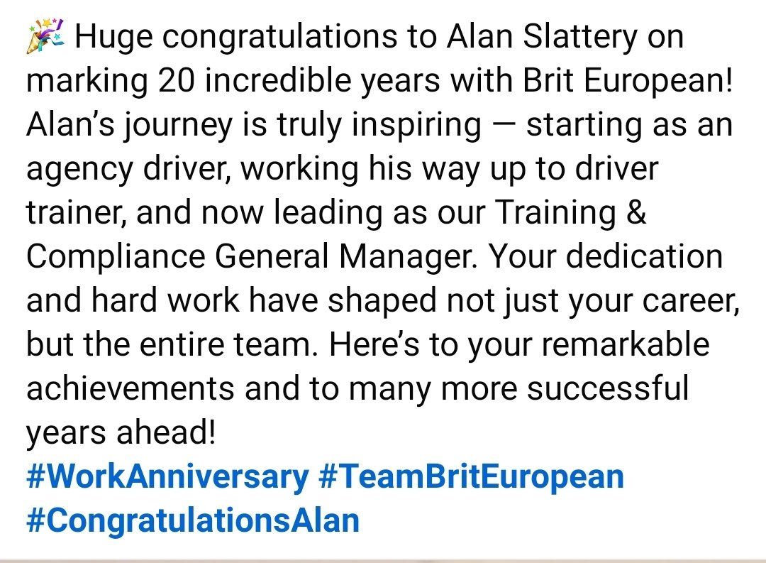 🎉 Huge congratulations to Alan Slattery on marking 20 incredible years with Brit European!
#WorkAnniversary #TeamBritEuropean #CongratulationsAlan