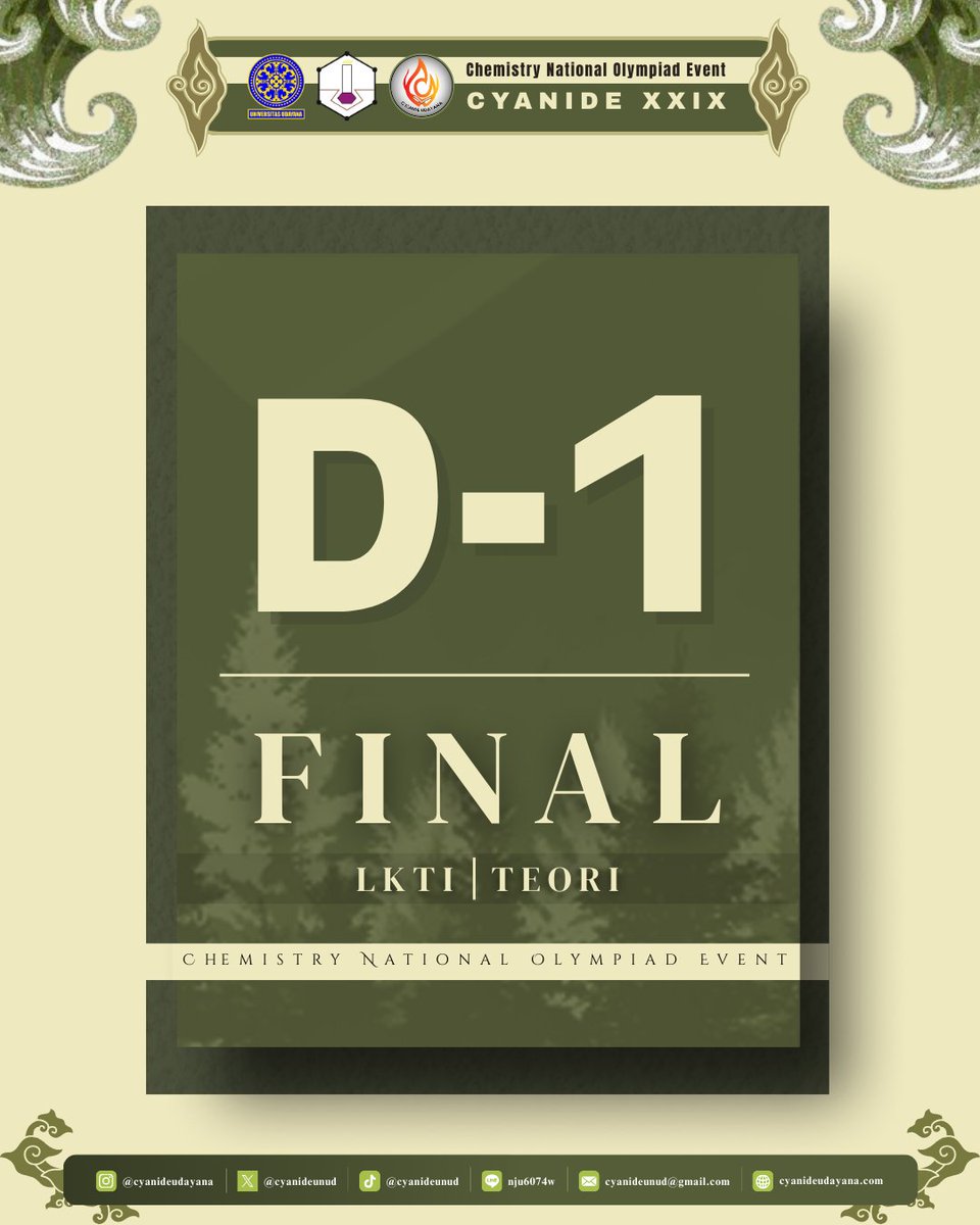[𝐃-1 𝐅𝐈𝐍𝐀𝐋 𝐃𝐀𝐍 𝐏𝐄𝐍𝐔𝐓𝐔𝐏𝐀𝐍 𝐂𝐘𝐀𝐍𝐈𝐃𝐄 𝐗𝐗𝐥𝐗 𝐔𝐍𝐈𝐕𝐄𝐑𝐒𝐈𝐓𝐀𝐒 𝐔𝐃𝐀𝐘𝐀𝐍𝐀] 
Tak terasa 1 hari lagi menuju hari yang ditunggu - tunggu. Babak Final dan Penutupan CYANIDE XXIX akan segera berlangsung!