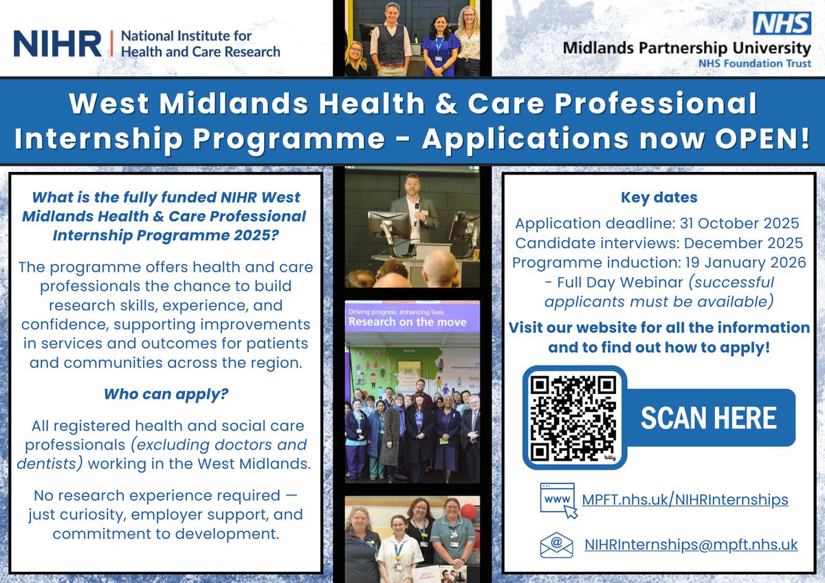 🚨 Applications are open for the #NIHR #WestMidlands Health &amp; Care Professional #Internship Programme, hosted by #MPFTResearch!

✅ Fully funded
✅ Open to registered health &amp; care professionals*

Apply here👉mpft.nhs.uk/NIHRInternships

Closes 31 Oct 2025, 5pm