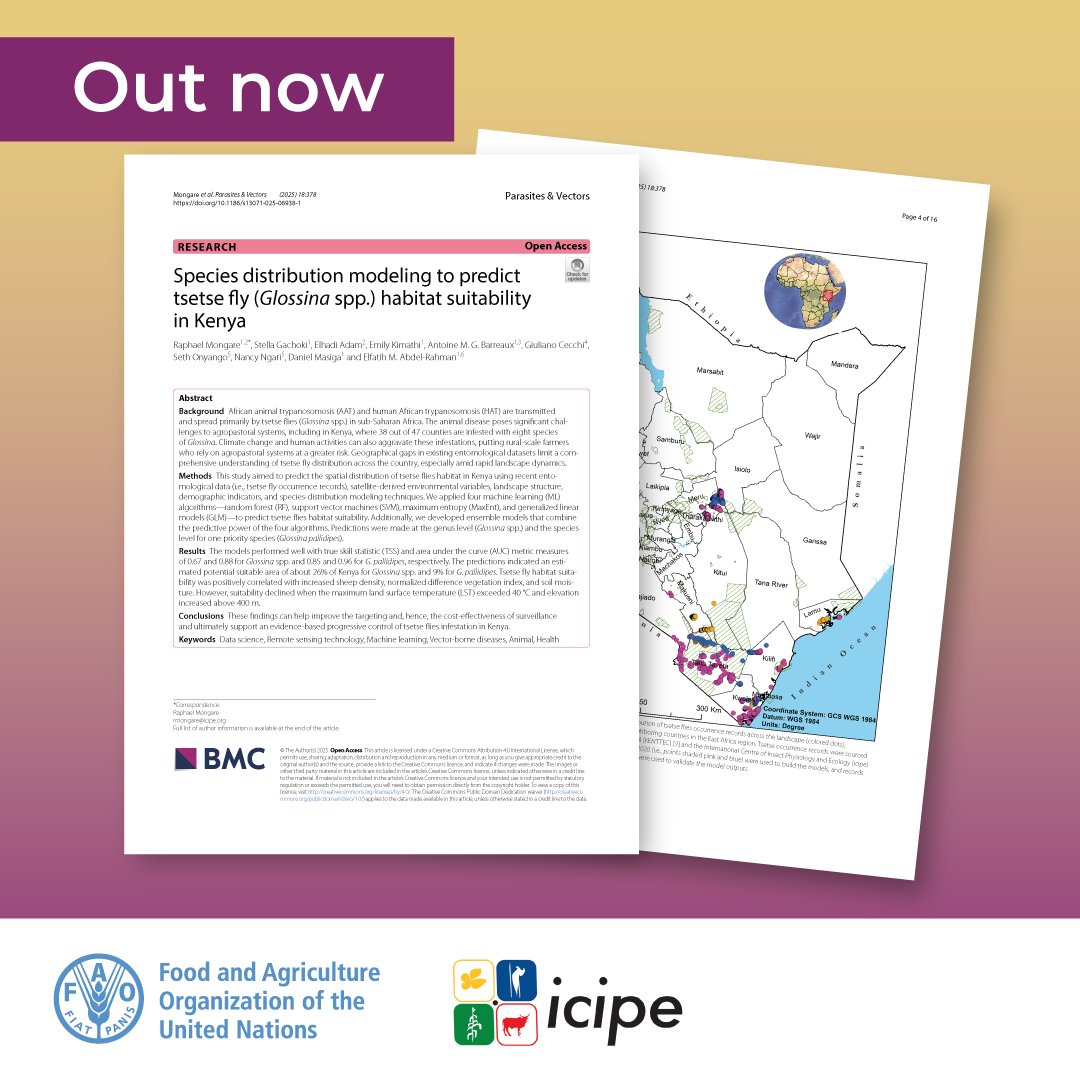 #ReadingNow | New paper modelling the distribution of #tsetse flies, vectors of animal #trypanosomosis, in #Kenya. 

Read paper: doi.org/10.1186/s13071…
National atlas of tsetse and animal trypanosomosis in Kenya: doi.org/10.1186/s13071…
Continental atlas: doi.org/10.4060/cd2022…
