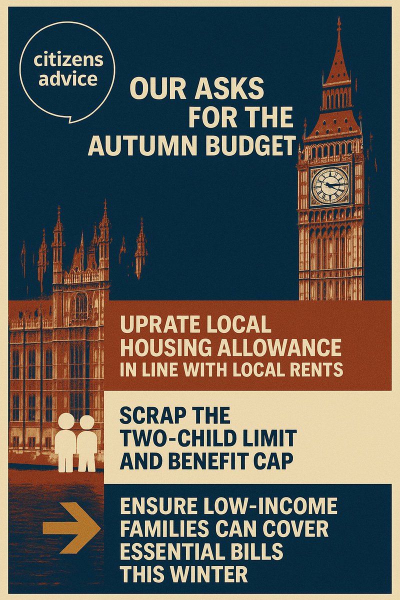 📢 On 26 Nov the govt delivers its 2nd Autumn Budget.

With avg debt now over £9k, families can’t keep up with essentials.

Our asks:
🏠 Uprate Local Housing Allowance
👨‍👩‍👧 Scrap 2-child limit &amp; benefit cap
💡 Help low-income families cover bills
#AutumnBudget