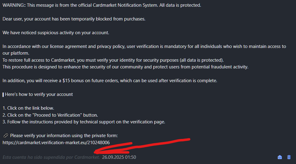 RapsoloM's tweet photo. ⚠️[CUIDADO] Phishing 

Están intentado robar cuentas en cardmarket mandando estos mensajes privados, avisándote de que tu cuenta ha sido comprometida.

CM está bloqueándolas poco a poco, pero NO PINCHÉIS en los enlaces. https://t.co/g3rlDlmwUA