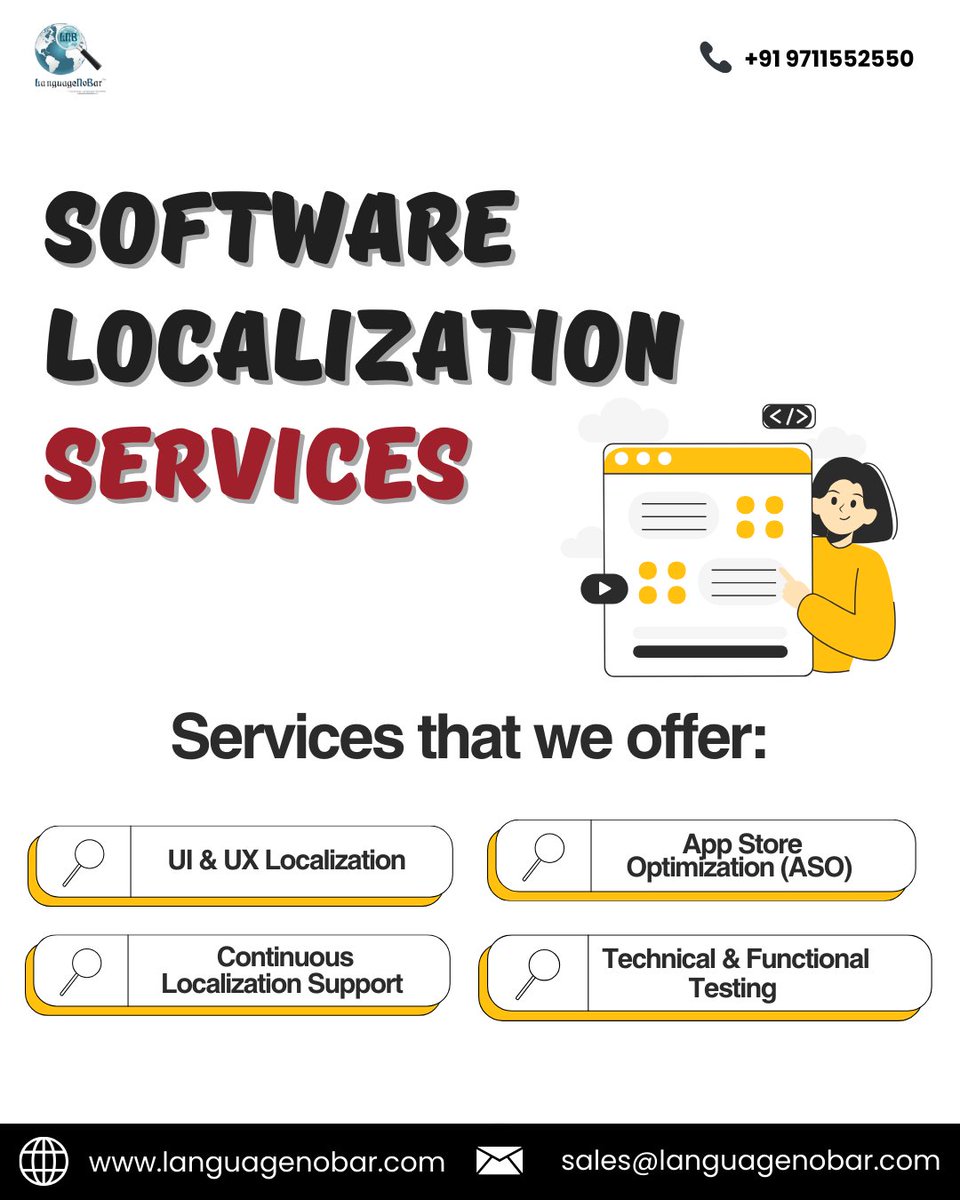 LanguageNoBar's tweet image. Break language barriers and take your software global with our expert Software Localization Services 🌍✨. From UI & UX localization to app store optimization, we make your product ready for every market.
#LocalizationServices #AppLocalization #UILocalization #GlobalBusiness
