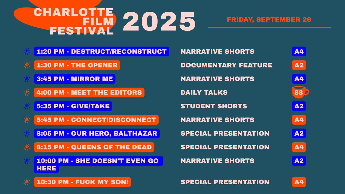 Three days of CFF’25 in the bag! Check out our chockfull lineup for Day 4️⃣ of the 17th CFF!

For film info and to buy tix, go to: charlottefilmfestival.org/2025/schedule

#DiscoverDifferent #CLTFF17 #CLTFF2025 #CharlotteFilmFest #CharlotteFilmFestival