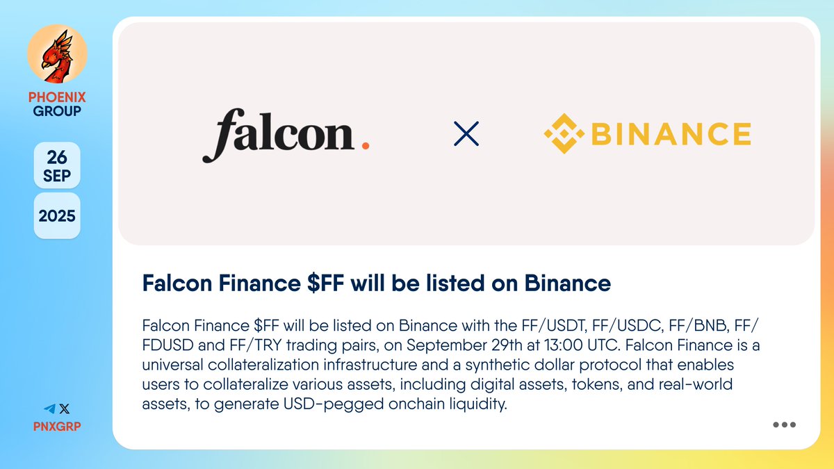 🔥 @FalconStable $FF will be listed on @Binance #FalconFinance $FF will be  listed on #Binance with the FF/USDT, FF/USDC, FF/BNB, FF/FDUSD and FF/TRY  trading pairs, on September 29th at 13:00 UTC. Falcon