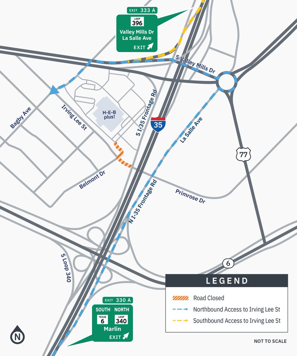 I-35 Waco South | Irving Lee St. will be closing Oct. 7 at the SB I-35 frontage road and Belmont Dr. to continue drainage and utility improvements. This closure is expected to remain in place through early Nov.

For more info: My35WacoSouth.com