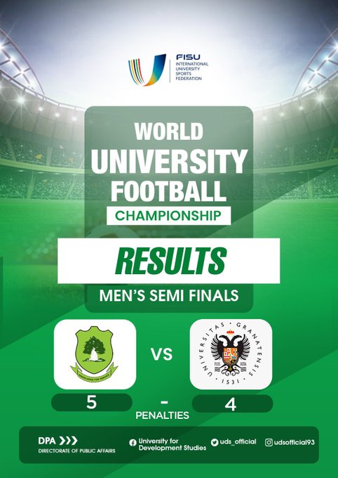 A graphic of a football match result for the FISU World University Football Championship. It shows logos of two teams, one with a green tree emblem and the other with a black double-headed eagle emblem. Text indicates a men\'s semifinal match ending with a score of 5-4 in penalties.