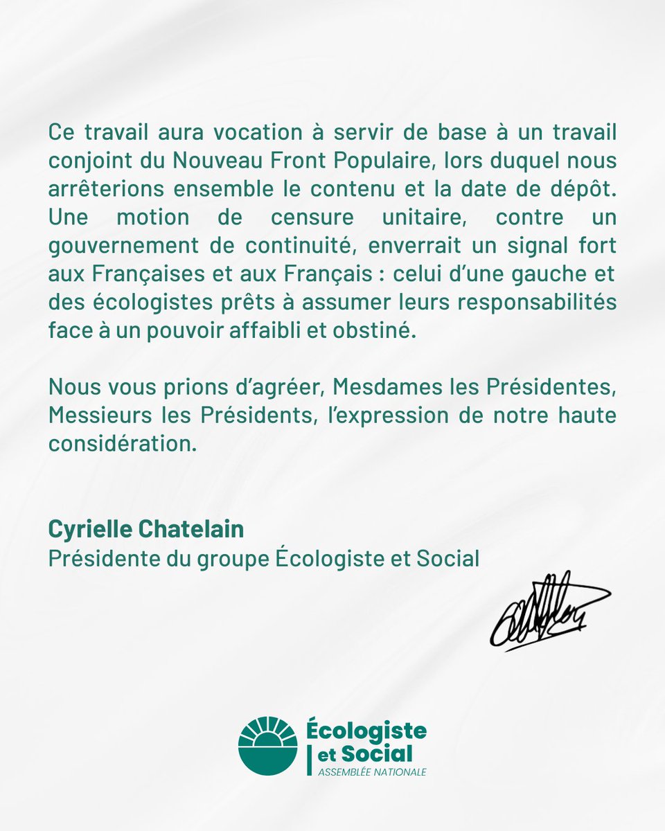 « Sébastien Lecornu n’a que deux options : soit renverser la table, soit être renversé. »

✍️ Lettre de notre Présidente <a href="/Cyrielle_Chtl/">Cyrielle Chatelain</a> aux président·es de groupe du Nouveau Front Populaire, au sujet d'une censure du Premier ministre Lecornu.