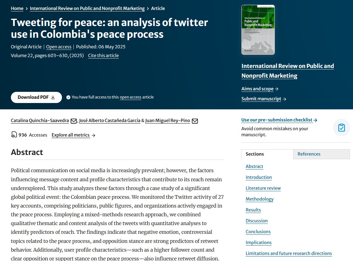 Springernomics's tweet image. 📢New Publication Alert #OpenAccess 
➡️Tweeting for peace: an analysis of twitter use in Colombia&apos;s peace process
doi.org/10.1007/s12208…
published in  International Review on Public and Nonprofit Marketing 
link.springer.com/journal/12208/…