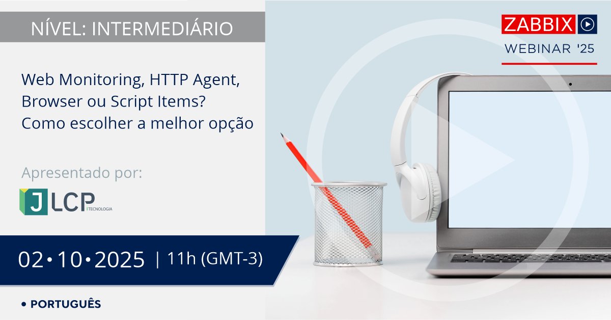 #WebinarZabbix: Vamos explorar Web Monitoring, HTTP Agent, Browser e Script Items, mostrando como cada recurso pode ser utilizado para monitorar aplicações e páginas web com eficiência.

🗓️ 02/10 - 11h

ℹ️ Inscreva-se: us02web.zoom.us/webinar/regist…