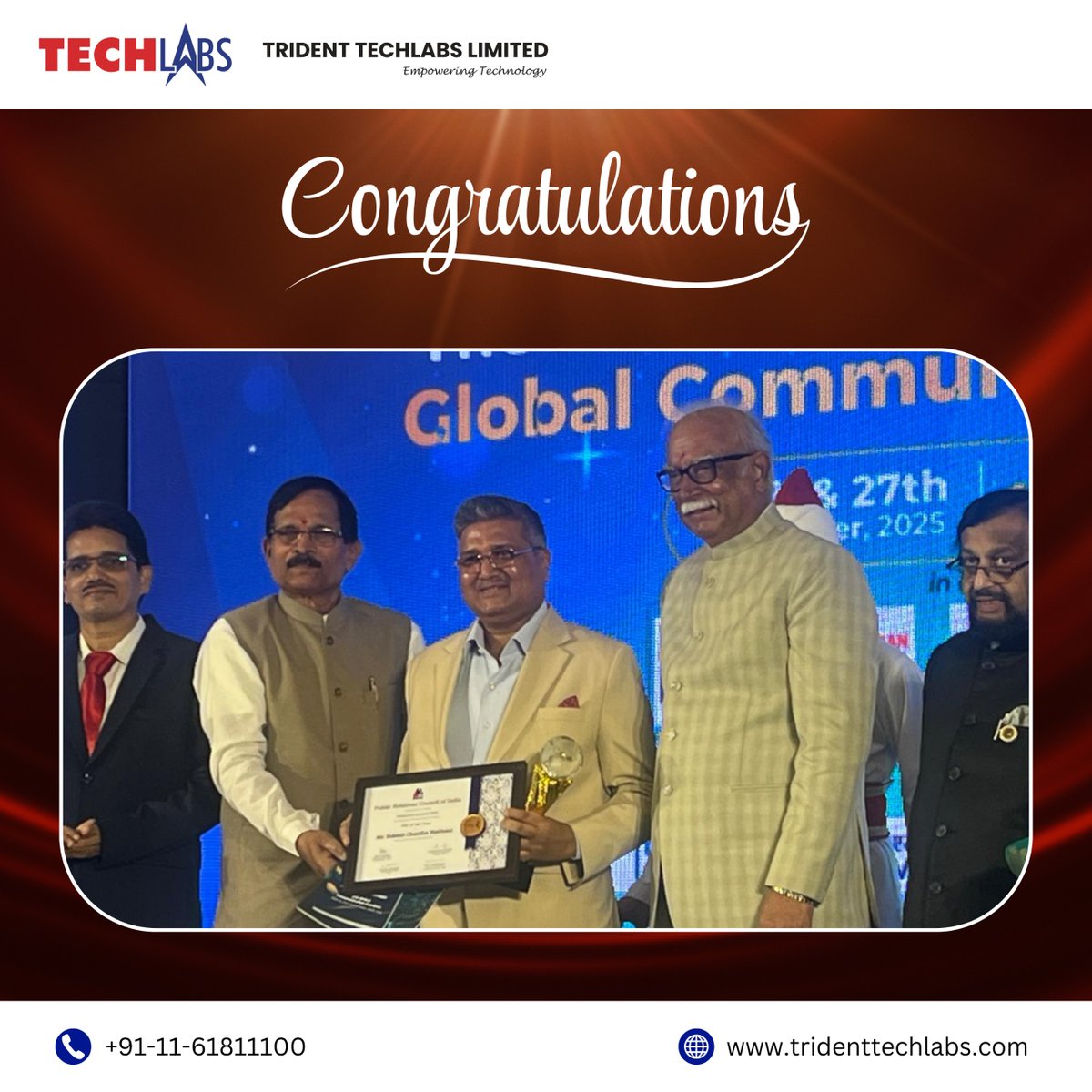 TechlabsTrident's tweet image. We are proud to celebrate a landmark achievement — our CEO, Mr. Sukesh Naithani, has been conferred with the prestigious Chanakya Award for National & International Achievers by the Public Relations Council of India at the Global Communication Conclave 2025 in Goa.
#ChanakyaAward