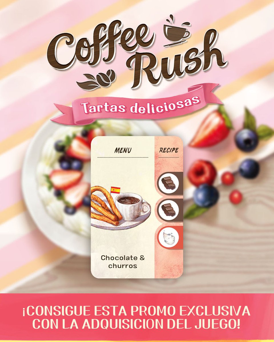 También puedes conseguir la promo más española del juego de gestión de cafetería: Chocolate &amp; Churros.

Llévatelo con tu copia más dulce de Coffee Rush: Tartas Deliciosas.

#HobbyNext